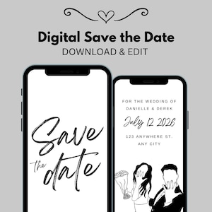 Modèle numérique de faire-part de mariage, réservez la date animée, conception sur toile modifiable, invitation par message texte, carte de fête noir et blanc