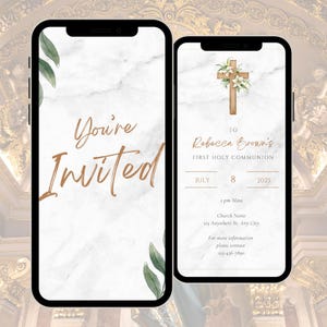 Plantilla digital de invitación para Primera Comunión, plantilla editable de Canva para guardar la fecha, diseño de mensaje de texto animado, plantilla de comunión con temática de plantas