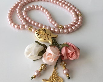 Pink Pearl Bead With Flowers - Tasbih