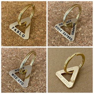 Deep engraved brass triangle pet dog ID tag 28mm - / Personalised key ring / Designed and made In the UK / Gifts for men / Gifts for women