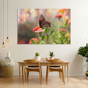 Butterfly and Flowers Art Print Canvas, Butterfly Home Decor, Butterfly Painting on Canvas, Flowers Design Decor, Flowers Picture Print