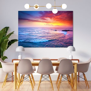 Ozean Sonnenuntergang Fotografie - Lebendige Meerlandschaft mit buntem Himmel & Wellen | Küstenwandkunst für Strand- und Naturliebhaber