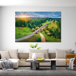 Summer Landscape Print Canvas, Railway Photo Print, Green Forest Painting on Canvas, Forest at Sunset Picture for Wall Decor, Nature Print
