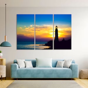 Lighthouse at Sunset on the Beach Popular Decor for Living Room Lighthouse Print Canvas Lighthouse Artwork Coastal Wall Art Beach Wall Decor