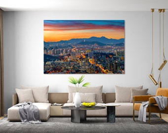 Seoul Cityscape at Twilight in South Korea Print on Canvas, Seoul Skyline Printable Wall Art, Seoul Painting for Wall, Seoul Art for Gift