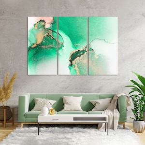 Green Gold Abstract Artwork, Green Watercolor Print on Canvas, Stylish Abstract Art for Living Room, Watercolor Artwork Painting Canvas