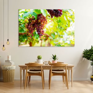 Bunch of Grapes Print Canvas, Red Grapes Wall Decor, Grapes Photo Print, Vineyard Art on Canvas, Plants Design Artwork, Decor for Kitchen