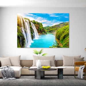 Huangguoshu Waterfall Photo Print Canvas, Blue Lake Pictures Wall Decor, China Waterfall Wall Art, Waterfall Decor for Interior