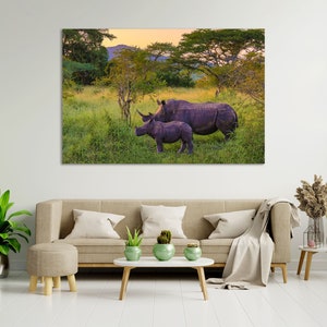 Black Rhinos Print Canvas, Rhino Family Wall Decor, Rhino Painting on Canvas, Rhino Wall Art, African Animals Modern Home Decor, Rhinos Art