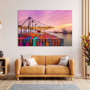 Seehafen mit bunten Containern Leinwand Kunst, Frachtschiff Druck Kunst Dekor, Wasser Logistik Bilder Druck auf Leinwand, Logistik Geschäfts Dekor