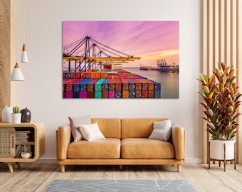 Seehafen mit bunten Containern Leinwand Kunst, Frachtschiff Druck Kunst Dekor, Wasser Logistik Bilder Druck auf Leinwand, Logistik Geschäfts Dekor
