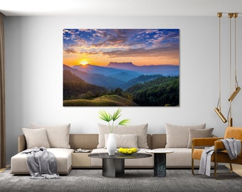 Mountains of Thailand at Sunrise Print Canvas, Mountains Landscape Wall Art, Mountains Large Decor for Wall, Colorful Landscape Painting