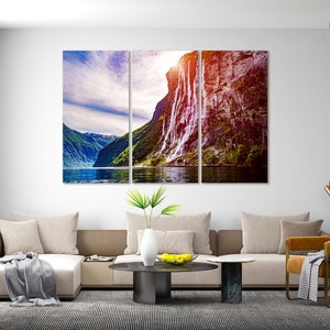 Waterfall Seven Sisters in Norway Art for Wall, Waterfall Print Canvas, Norway Waterfall Design Wall Decor, Mountains Landscape Print