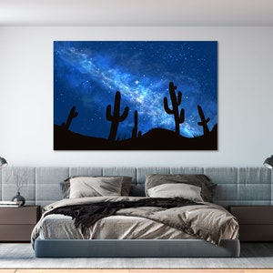 Blue Starry Sky over Desert of Cactus Creative Art for Interior, Space Print Canvas, Milky Way Decor Wall, Space Wall Art, Night Sky Print