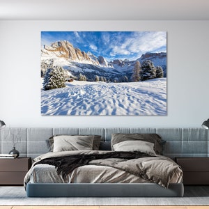 Snowy Landscape with Mountains Print Canvas, Mountains Landscape Large Wall Art, Winter Landscape Painting on Canvas, Winter Prints