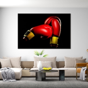 Red Boxing Gloves on Dark Background Digital Art on Canvas for Wall Decoration, Professional Sport Equipment for Wall Decor, Boxing Art Wall