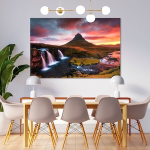 Kirkjufell Mountain at Sunrise Print on Canvas, Iceland Decor for Room, Colorful Sky and Waterfall Picture on Canvas, Iceland Nature Art