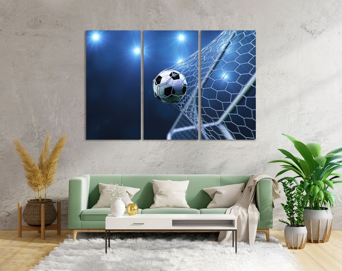 Soccer Ball in the Goal Net Art Wall, Football Ball Print Canvas, Soccer Gift Art, Game with Ball Photo Print, Football Picture Print