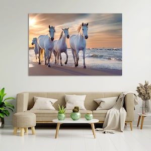 White Horses on Coastal Popular Art Decor for House, Horses Print on Canvas, Horses Art for Present, White Horses Print for Decoration Wall