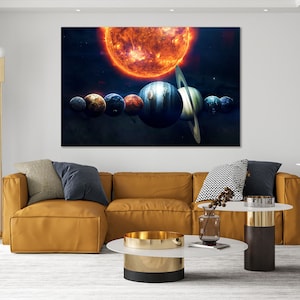 Parade of Planets Large Decor for Living Room, Cosmos Art for Gift, Space Image Painting on Canvas, Planets Picture for Wall, Space Artwork