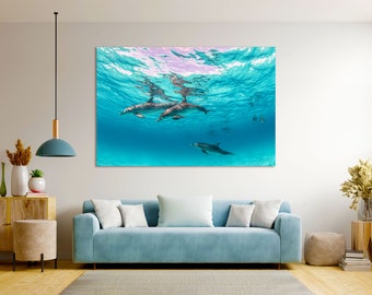 Druck Delfine auf Leinwand, Delfine Kunst für die Wand, Delphin Kunstwerk auf Leinwand, Delfin Malerei auf Leinwand, Unterwasserwelt Druck Leinwand