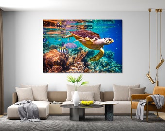 Meeresschildkröte Wandbild, Unterwasserwelt Kunst Gemälde auf Leinwand, Meerestiere Druck Leinwand, Schildkröte Bild Druck, Sea Life Art für Dekor