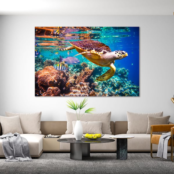 Sea Turtle Wall Art, Underwater Life Art painting on Canvas, Sea Animals Print Canvas, Turtle Picture Print, Sea Life Art for Decor