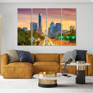 Austin bei Sonnenuntergang Kunst für Interieur, Austin Stadtbild Druck Leinwand, Austin Bild für Wanddekor, US Bundesstaat Texas Illustration Druck, Austin Kunst