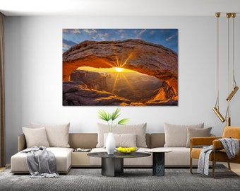 Sunrise at Mesa Arch in Canyonlands National Park Image Print on Canvas, Canyonlands National Park in Utah Art for Wall, Mountains Landscape
