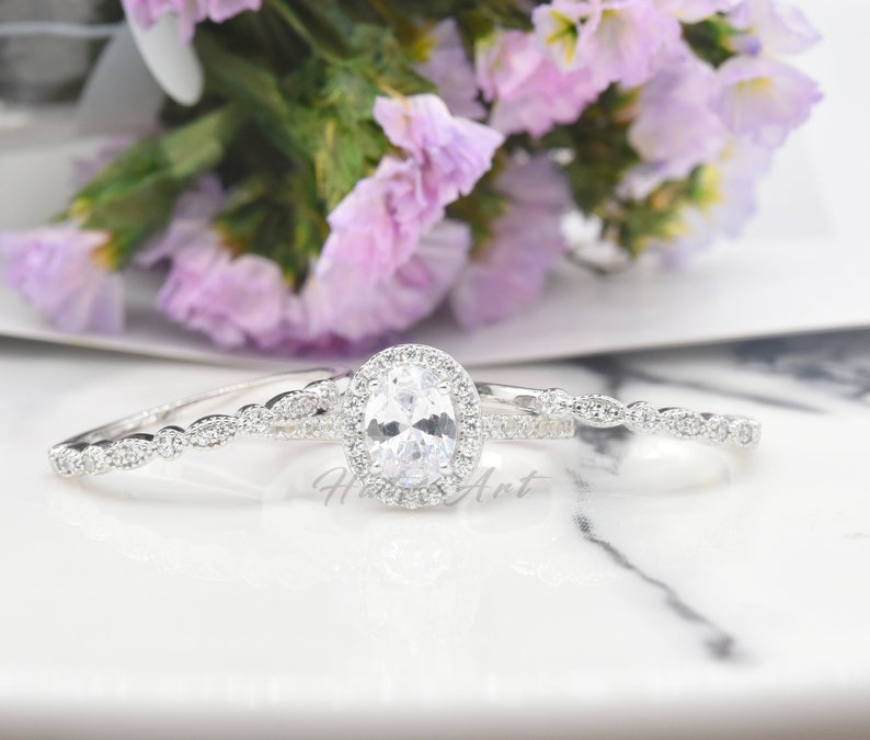 Wedding Ring Set 3PCS Rings Sliver Ring Oval 6x8mm Simulated Diamond Engagement Ring Promise Bridal Ring Set Birthday Gift Stack Ring