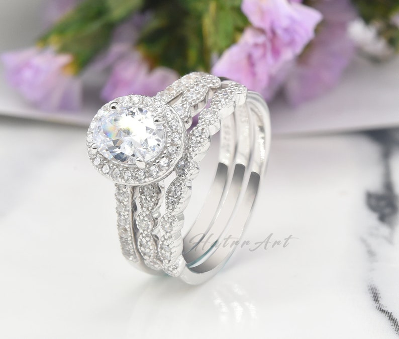 Wedding Ring Set 3PCS Rings Sliver Ring Oval 6x8mm Simulated Diamond Engagement Ring Promise Bridal Ring Set Birthday Gift Stack Ring