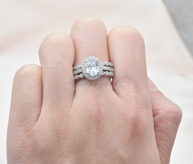 Wedding Ring Set 3PCS Rings Sliver Ring Oval 6x8mm Simulated Diamond Engagement Ring Promise Bridal Ring Set Birthday Gift Stack Ring