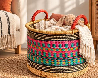 Large Colourful Bolga Storage Basket with Leather Handles