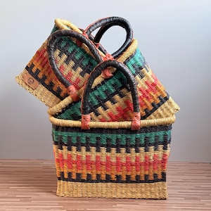 Rectangular Bolga Baskets | Purple, Brown & Beige Design | Home Storage Shelf Baskets