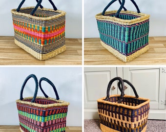 Rectangular Bolga Baskets | Purple, Brown & Beige Design | Home Storage Shelf Baskets