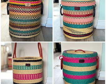 Large Woven Laundry Basket 2 | Extra Large Bolga Basket with Lid | African  Basket | Home Decor Natural Basket