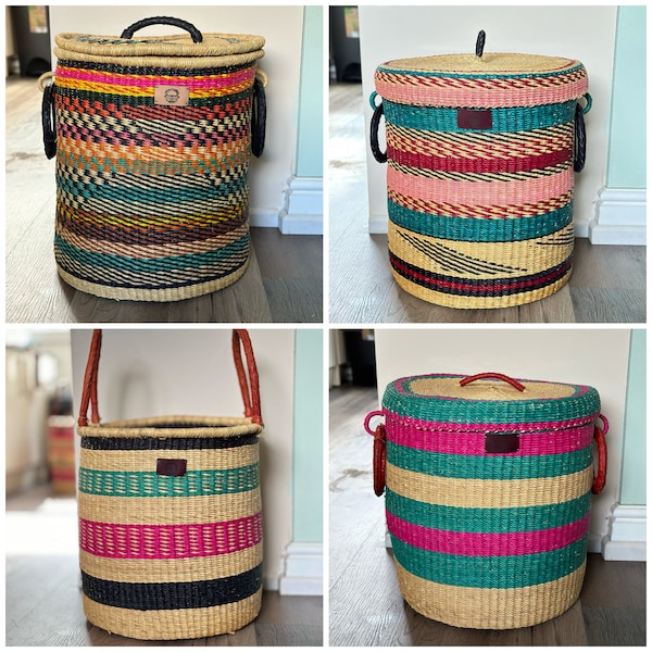 Large Woven Laundry Basket 2 | Extra Large Bolga Basket with Lid | African  Basket | Home Decor Natural Basket
