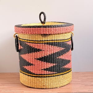 Colourful Bolga Laundry Basket with Lid and Leather Handles