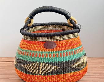 Colourful Bolga Storage Basket with Folding Leather Handle