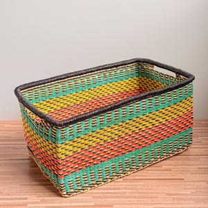 African Rectangular Storage Baskets with Handles | Handwoven Straw Box for Shelves & Home Organisation