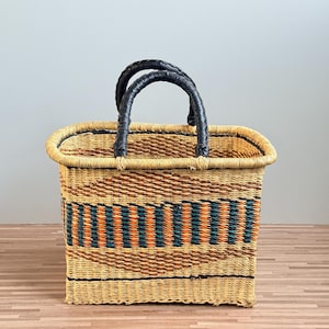 Handwoven Bolga Basket: Rectangular African Storage Bag with Leather Handle