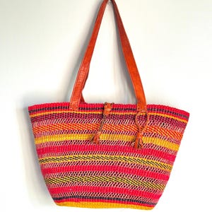 Handwoven Bolga Tote Bag: African Woven Basket with Leather Strap