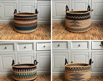 Woven Floor Bolga Basket - Black & White Chequered Design - Large Round Storage Basket - Sustainable, Eco-friendly African Basket