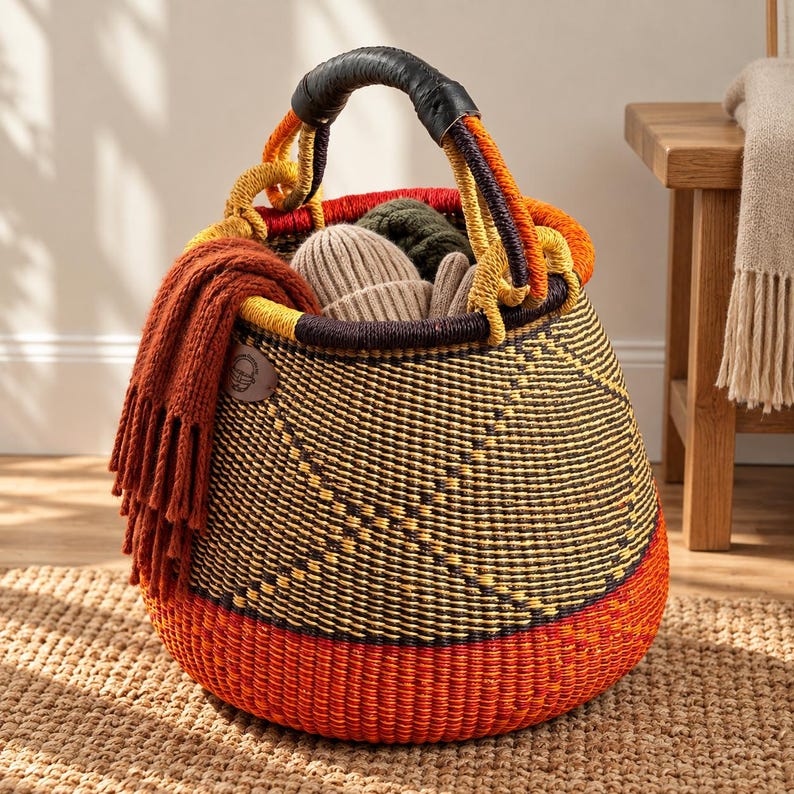 May include: A round woven basket featuring a black and yellow geometric pattern with a solid orange base. The basket has a thick, dark handle and contains a rust-colored knit scarf and several neutral-toned knit hats tucked inside the rim.