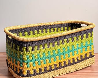 African Rectangular Storage Baskets with Handles | Handwoven Straw Box for Shelves & Home Organisation