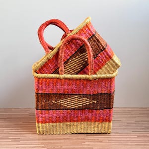 Handwoven Bolga Basket: Rectangular African Storage Bag with Leather Handle