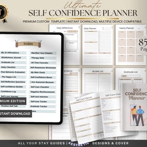 May include: A digital self-confidence planner with a minimalist design. The planner includes sections for daily reflections, gratitude, and self-care. The image shows a tablet displaying the index, along with printed pages and a cover with the title "Self Confidence Planner".
