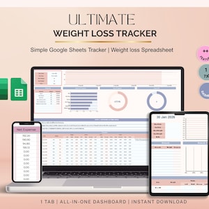 May include: A digital weight loss tracker displayed on a laptop, smartphone, and tablet. The screen shows a spreadsheet with charts and data. The text reads "ULTIMATE WEIGHT LOSS TRACKER" and "Simple Google Sheets Tracker | Weight loss Spreadsheet."
