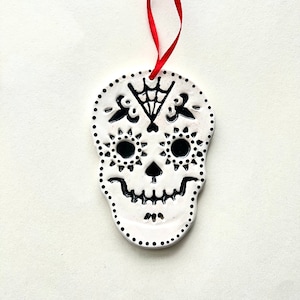 Ceramic Sugar Skull- Black and White Day of the Dead Ornament- Halloween Decor