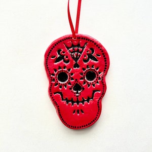 Ceramic Sugar Skull- Red Day of the Dead Ornament- Halloween Decor